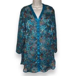 Vintage Victorias Secret Gold Label Teal Floral Brocade Night Shirt Women Small